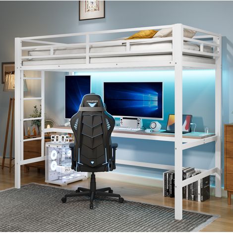 Lit mezzanine moderne 90x200 cm en métal blanc avec bureau, échelle, garde-corps, LED APP, USB et prises (1/5)