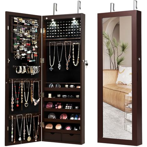 2 IN 1 Mirror Jewelry Cabinet Wall Mounted/Door Hanging Jewelry Armoire Storage