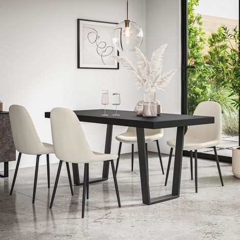 Aria Dining Table And Chairs -  Black Table Top w Black Legs + Maya Boucle Dining Chair Set Of 6 (Ivory White) (1/5)