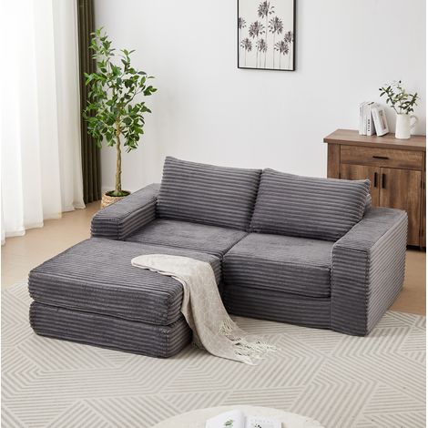 Sofá cama modular, convertible en cama y sofá, con reposapiés móvil, reposabrazos cuadrados, tejido de pana gris (1/5)