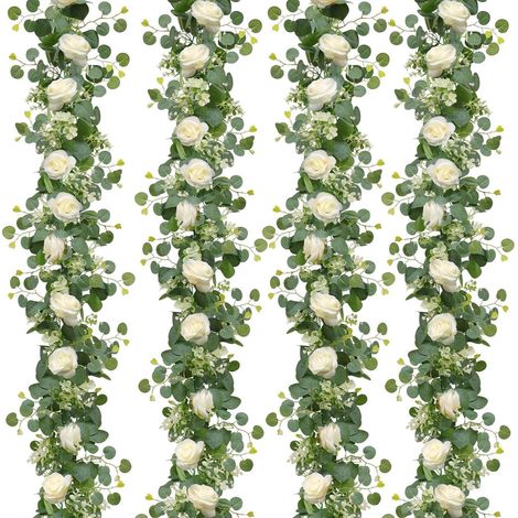 4er Set Künstliche Blumengirlande Weiß mit Rosen & Eukalyptus 180cm (1/5)