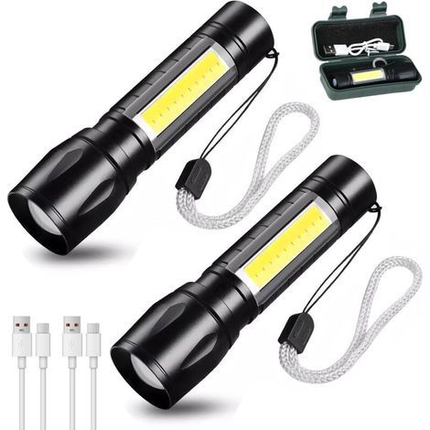 Lot de 2 lampes de poche LED rechargeables, super lumineuses, mise au point réglable, 3 modes d'éclairage, longue durée de vie, étanche, format de poche, adaptées aux pannes de courant, aux urgences