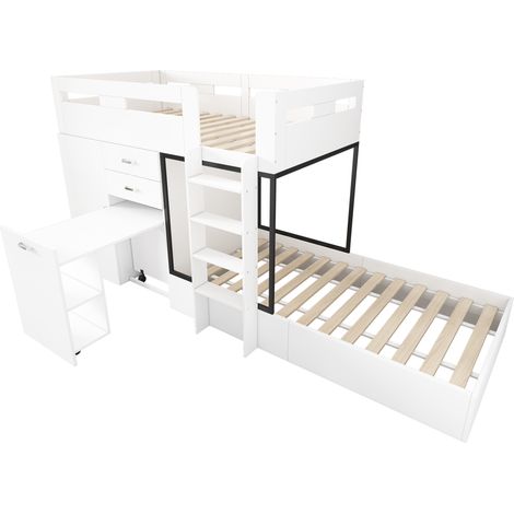 Lit mezzanine multifonction 90 x 200 cm avec bureau coulissant et armoire blanc (1/5)