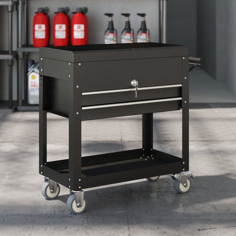 Carro de herramientas con ruedas, cajones, tablero de trabajo, con cerradura, acero negro OKMYHOME (1/5)