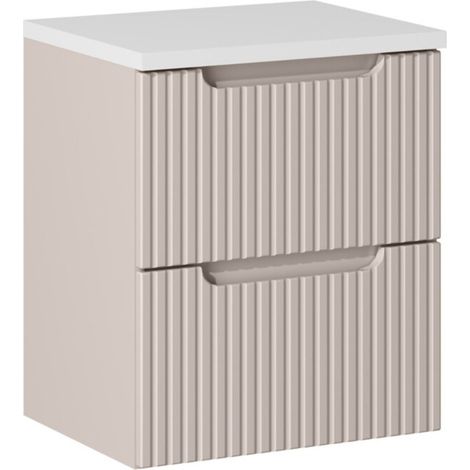 Insieme VANO cachemire e bianco 50cm: mobile sottolavabo con cassetti a scanalature verticali + piano per lavabo bianco opaco