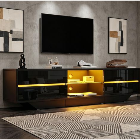 Mobile porta TV LED 160x35x44,5 cm con vano portaoggetti e ante a ribalta, per TV fino a 65 pollici, nero lucido (1/5)