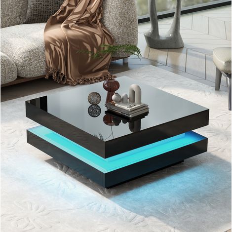 Tavolino quadrato 70x70x36 cm in legno con illuminazione LED, nero laccato (1/5)