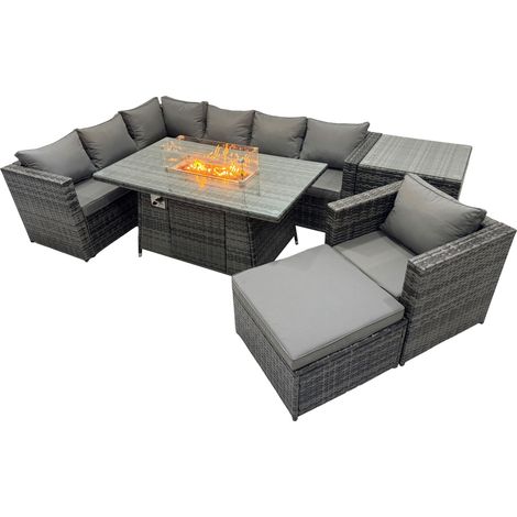 Fimous Rattan Garden Furniture Dining Set 8-seater Gas Firepit Dining Table Corner Sofa Set with Big Stool Side Table Dark Grey Mixed (1/5)
