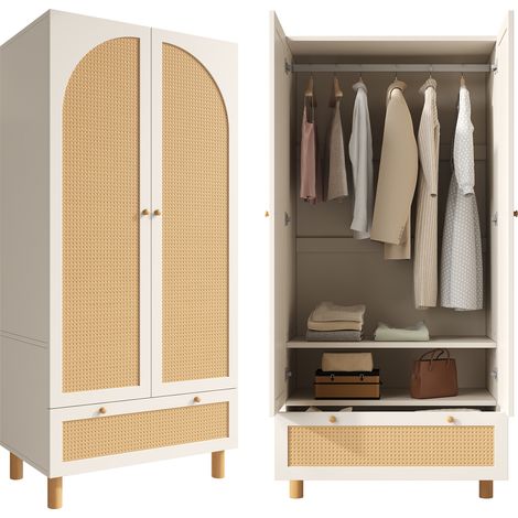 Kleiderschrank mit 2 Türen und 1 Schublade, Verstellbaren Regalböden und Kleiderstange, Landhausstil, Holz, 85,5×52×180,5 cm, Weiß (1/5)