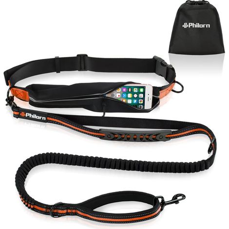 Laisse Chien Mains-Libres (47" - 67") avec Coutures Réfléchissantes, Pochette de Taille Ajustable(24" - 47") et Doubles Bungees de Poignée pour la Course/Vélo/Marche, 150lbs Gros Chien (1/5)