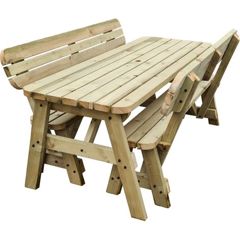8ft (240cm) Picnic table and bench set, natural (light-green) finish, Victoria compact with backrest rounded corners (1/4)