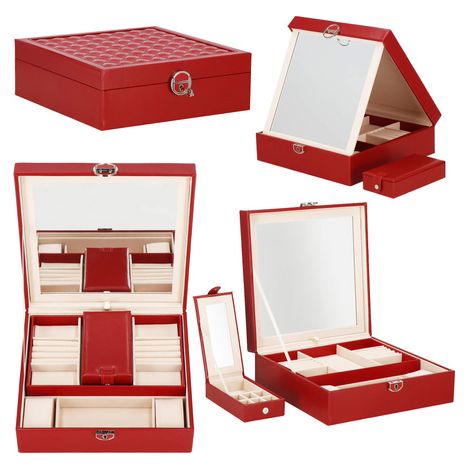 Scatola per gioielli in ecopelle 25x25x8,5 cm, cofanetto bordeaux con scomparti