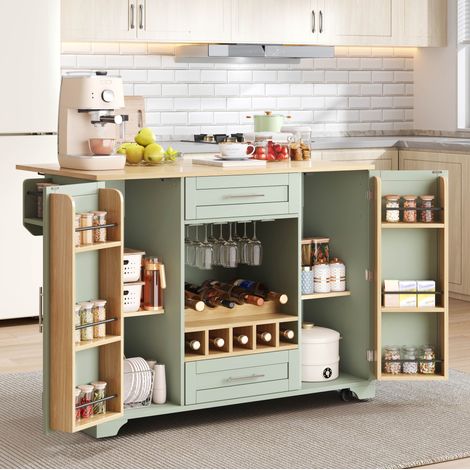 Chariot de cuisine pliable, îlot sur roulettes, 138 x 45/70 x 92 cm, vert HAVRYA (1/5)