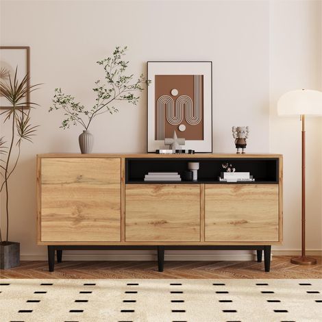 Buffet bas moderne en bois MDF avec 3 portes et étagères noir et bois naturel 160 x 35 x 76 cm - PANGIVO (1/5)