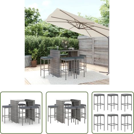 Gartenmöbel - 7-tlg. Gartenbar-Set mit Kissen Grau Poly Rattan (1/5)