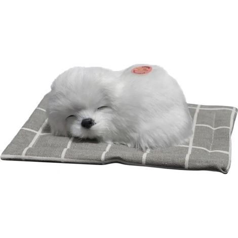 Chien réaliste endormi sur un tapis d'éveil, mini chiot avec sons sur le ventre, jouet de bureau à poser, cadeau idéal pour les enfants. (1/5)