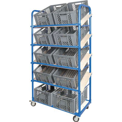 BRB Schrägboden-Regalwagen mit 5 Ebenen, 4 Lenkrollen, bestückt mit 10 Euroboxen durchbrochen 600x400x240 mm grau