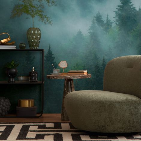 Photo wallpaper Profhome 398981 hot embossed non-woven wallpaper smooth with forest motif matt green blue teal 3.71 m x 2.8 m