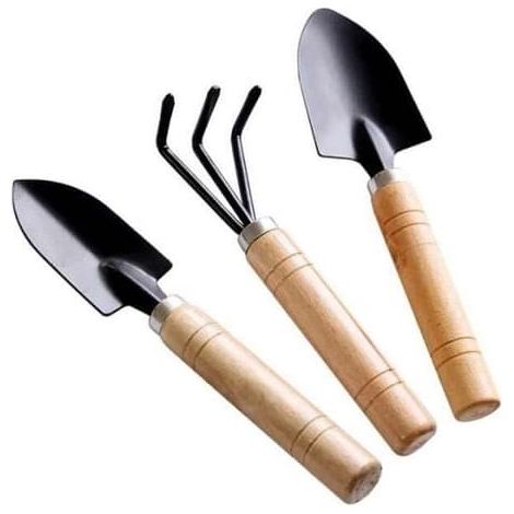 Ensemble de 3 mini outils de jardin en acier inoxydable avec manches en bois, plantes en pot, pelle, râteau, bêche pour [A748F0D] (1/4)