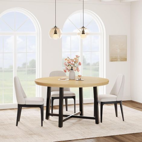 Table à manger ronde 120 cm - 4 à 6 personnes - Plateau décor chêne naturel et pieds métal (1/5)