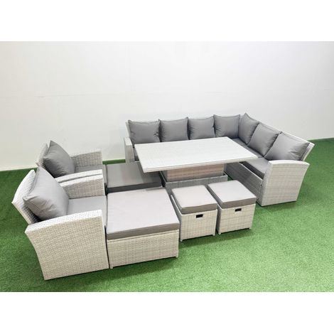 Fimous 12 Seat Rattan Garden Furniture Corner Sofa Set Outdoor Adjustable Lifting Dining or Coffee Table Set with Armchair Light Grey (1/4)