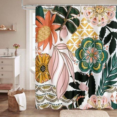 Bohemian style shower curtain set with floral pattern and hooks, tropical leaf fabric shower curtain for rustic and vintage bathroom decor, floral shower curtain (1/5)