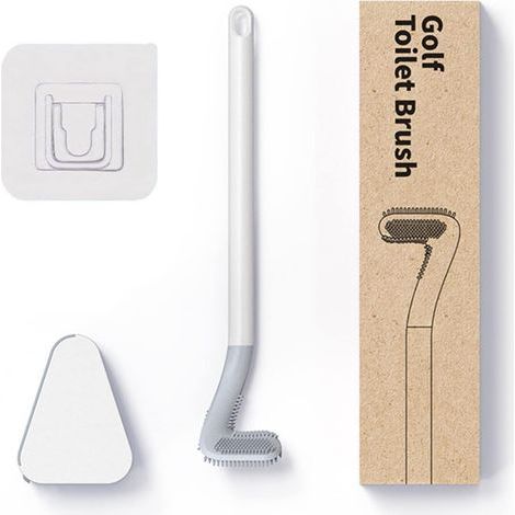 Brosse de Toilette de Golf, Brosse WC en Silicone, Manche Long Ensemble Toilette en Silicone avec Base à Ouverture Automatique et Anti-Fuite (Blanc avec Base) (1/5)