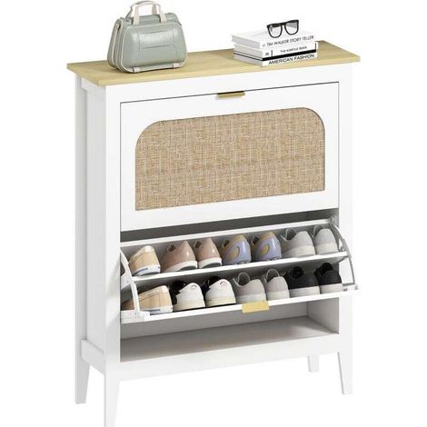 Meuble à chaussures 14 paires bohème avec 2 tiroirs rabattables, portes effet cannage rotin, 80 x 24 x 95,5 cm, blanc