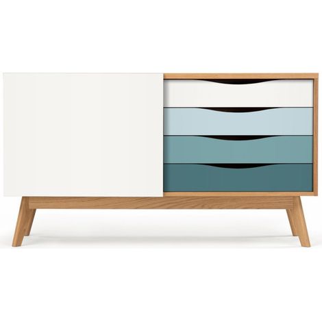 Buffet 4 tiroirs & 1 porte "Avon" 128cm Chêne & Turquoise (1/5)