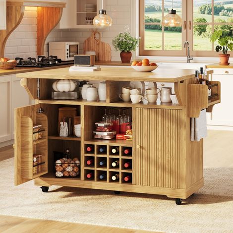 Desserte de cuisine multifonction 142,5 x 40-80 x 95 cm, rangement étagères réglables porte-bouteilles mobile, cuisine salon balcon, MDF, Natural (1/5)