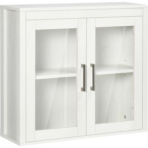 Armario de baño de pared con 2 puertas de cristal, color blanco. (1/2)