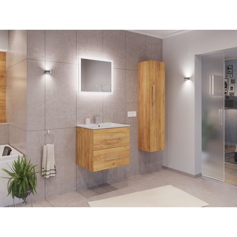 Badmöbel Set Firenze 60 3tlg. LED Spiegel und Hochschrank eiche gold