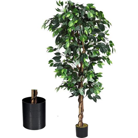 6FT Artificial Ficus Tree Outdoor Fake Ficus Plants with Plastic Pot & Lightweight (1/5)