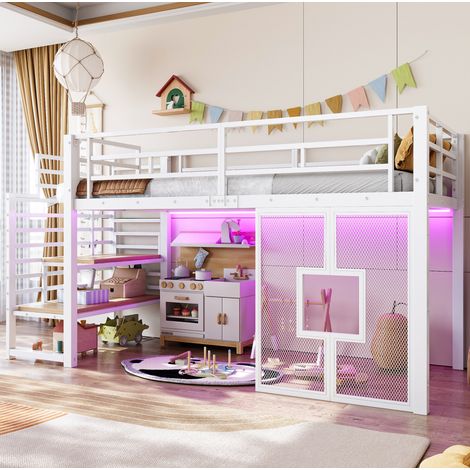 Cama altillo 90x200 cm - Con escalera de almacenaje, LED y ventanas - En metal y MDF - Blanco (1/5)