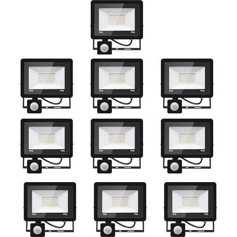 10PACK - 30W Projecteur LED détecteur de mouvement,Blanc Froid (6000K) 3000LM Projecteur LED Exterieur Avec Detecteur Imperméable IP66 Projecteur LED exterieur de sécurité pour, garage, couloir (1/5)