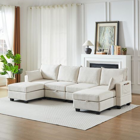 Canapé modulable angle 6 places en u ottoman rangement méridienne structure bois – canapé salon (1/5)
