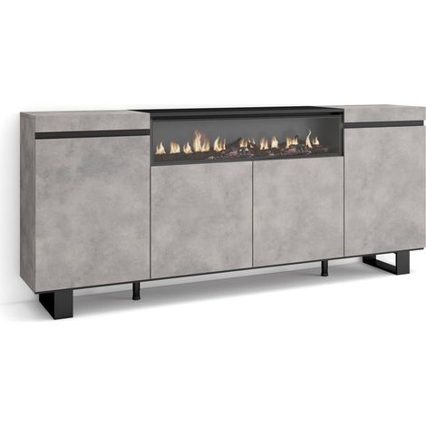 Skraut Home – Buffet salon et cuisine 200x35x87cm – 4 portes – Cheminée électrique LED – Design industriel ciment et noir – Meuble de rangement moderne (1/5)