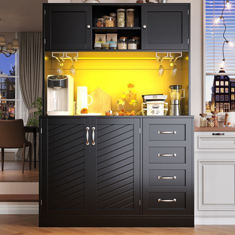 DESMIU Buffet et enfilade LED avec 4 portes, 2 tiroirs, range-gobelets et rangement, pour cuisine et salon, noir (1/5)