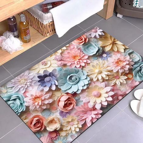 Tapis de bain absorbant en diatomite – Tapis antidérapant et résistant à la saleté pour salle de bain, entrée ou douche – Motif artistique rose et bleu (40 x 60 cm)-lsw