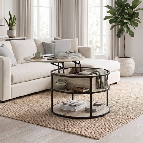 Tavolino rotondo sollevabile Ø80 cm, con contenitore e mensole laterali, struttura in metallo, MDF rovere (1/5)