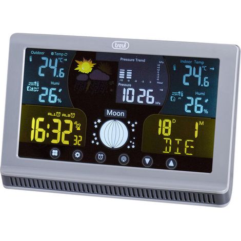 Trevi ME 3P70 RC Estación meteorológica con sensor exterior y controles táctiles, indicaciones termómetro, humedad y fase lunar, alarmas programables con función Snooze, calendario multilingüe (1/4)