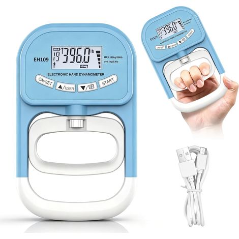 Dynamomètre électronique à main 180 kg / 396 lbs : testeur de force de préhension numérique rechargeable bleu avec écran LCD, jauge de force manuelle numérique pour entraînement de force et (1/5)