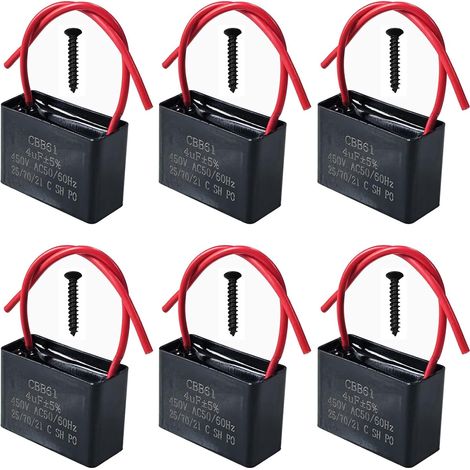Lot de 6 Condensateurs CBB61 450V 4 µF AC 50/60 Hz Climatiseur Ventilateur Moteur Condensateur de Marche Démarrage pour Ventilateur de Plafond, Hotte
