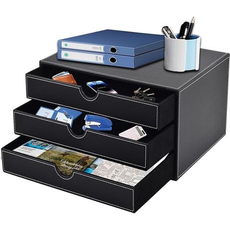 Schubladenbox fürs Homeoffice mit 3 geschlossenen Fächern (A4) – Kunstleder – Schmuck- und Kosmetikorganizer – U-förmige Öffnung – handgenäht – Schwarz (1/5)