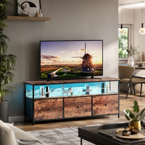 Meuble TV 137x30x57cm, pieds réglables, armoire TV multifonctionnel, 3 tiroirs, banc TV pour salon, lumière LED, plateau à rayures tigrées, grande capacité, style rétro, cadre en métal, Chêne tigré (1/5)