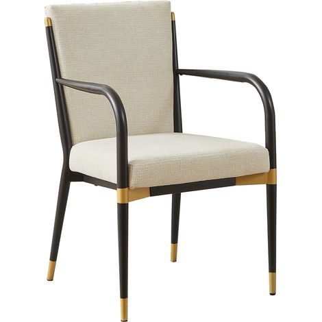 Lot de 2 chaises de salle à manger modernes avec accoudoirs, chaises rembourrées de style scandinave, structure noire et accents dorés, coussin en tissu couleur crème pour la table à manger (1/5)