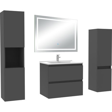Aica Ensemble meuble Salle de Bain 60cm avec Colonne et Miroir Lumineux Tricolore, Anthracite