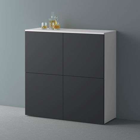 Mai & Mai Mobile Contenitore 100x36.4x98cm, Mobiletto Multiuso con 4 ante e 4 vani per Soggiorno, Sala da Pranzo, Camera da Letto Schrank04, Bianco opaco+Antracite opaco