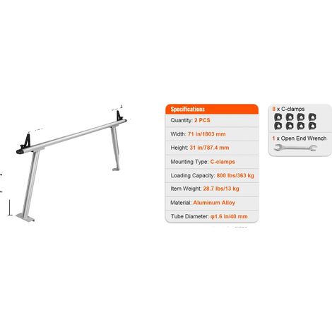 Support de camion, capacité de 800 lbs, largeur de 71 pouces, en aluminium robuste (1/2)