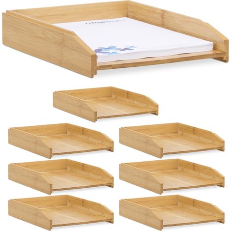 Relaxdays Set of 8 Document Filing Trays, Stackable, DIN A4 Letter Rack, Office, Desk, Bamboo, 6 x 25 x 33 cm, Natural
